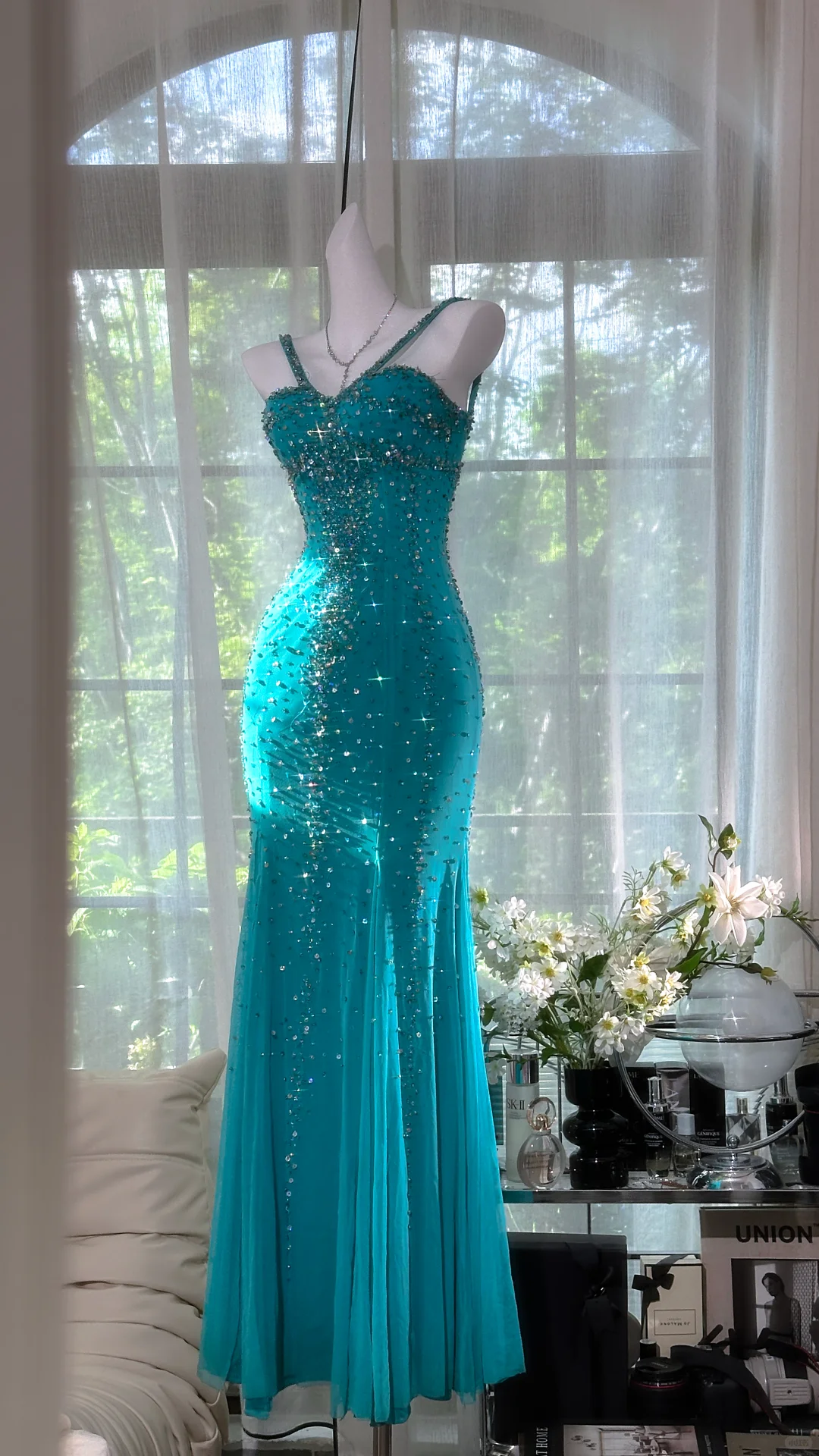 Sparkly Straps Blue Chiffon Beaded Mermaid Evening Dress Long Party Gown D862