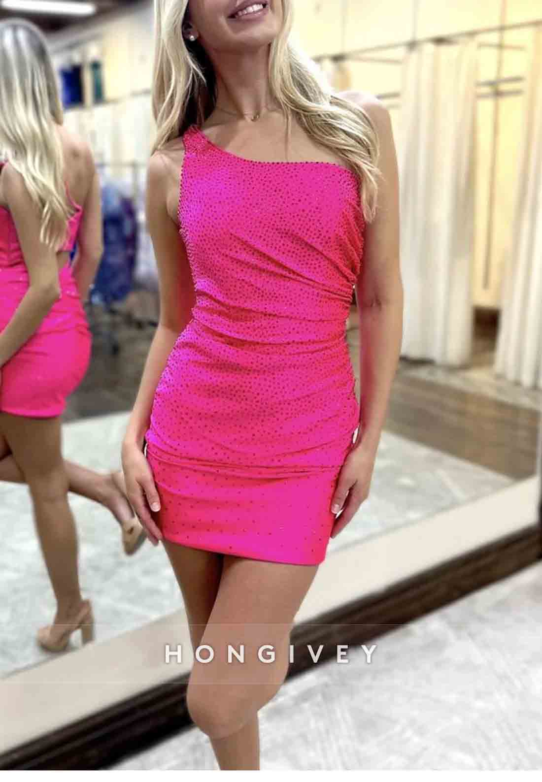 One Shoulder Sleeveless Glitter Sheath Pleated Mini Homecoming Dresses