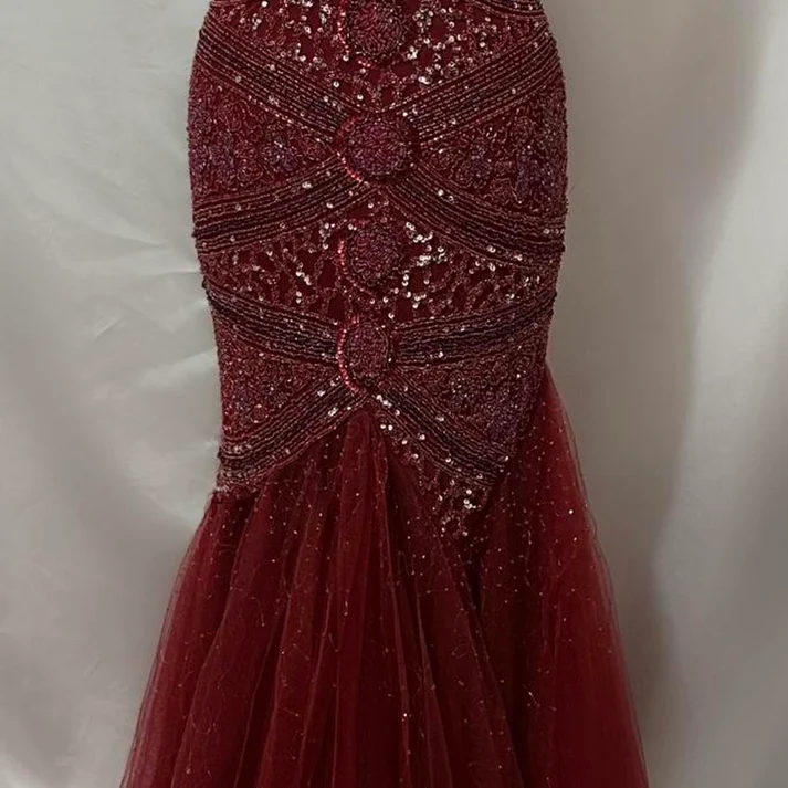 Gorgeous Red V NecK Tulle Sequin Beaded Mermaid Long Evening Dress Formal Birthday Party Dress D1480