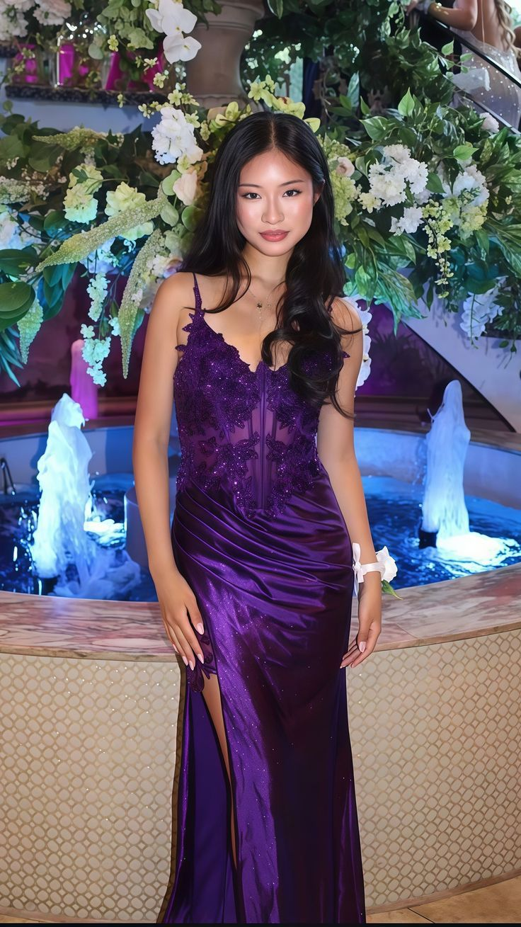 Elegant Spaghetti Straps Purple Satin Appliques Beaded Mermaid Evening Dress Side Slit Long Wedding Guest Dress D1803