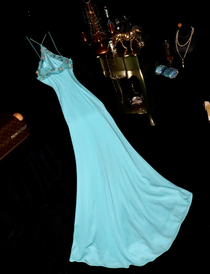 Classy Blue Satin Appliques Mermaid Party Dress Long Evening Dress D1426