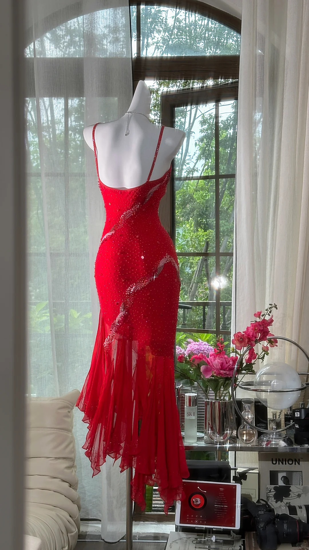 Charming Spaghetti Straps Red Chiffon Beaded Sheath Prom Dress Evening Gown D1162