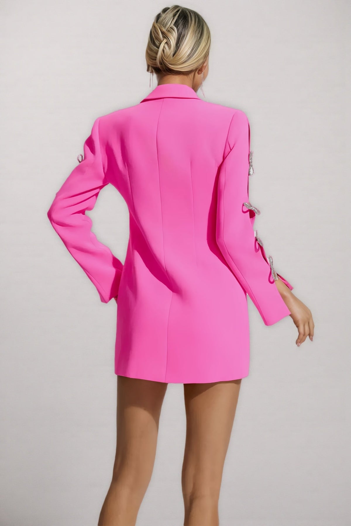 Pearl Chain Draped Rhinestone Bow Slit Sleeve Blazer Mini Dress - View 7