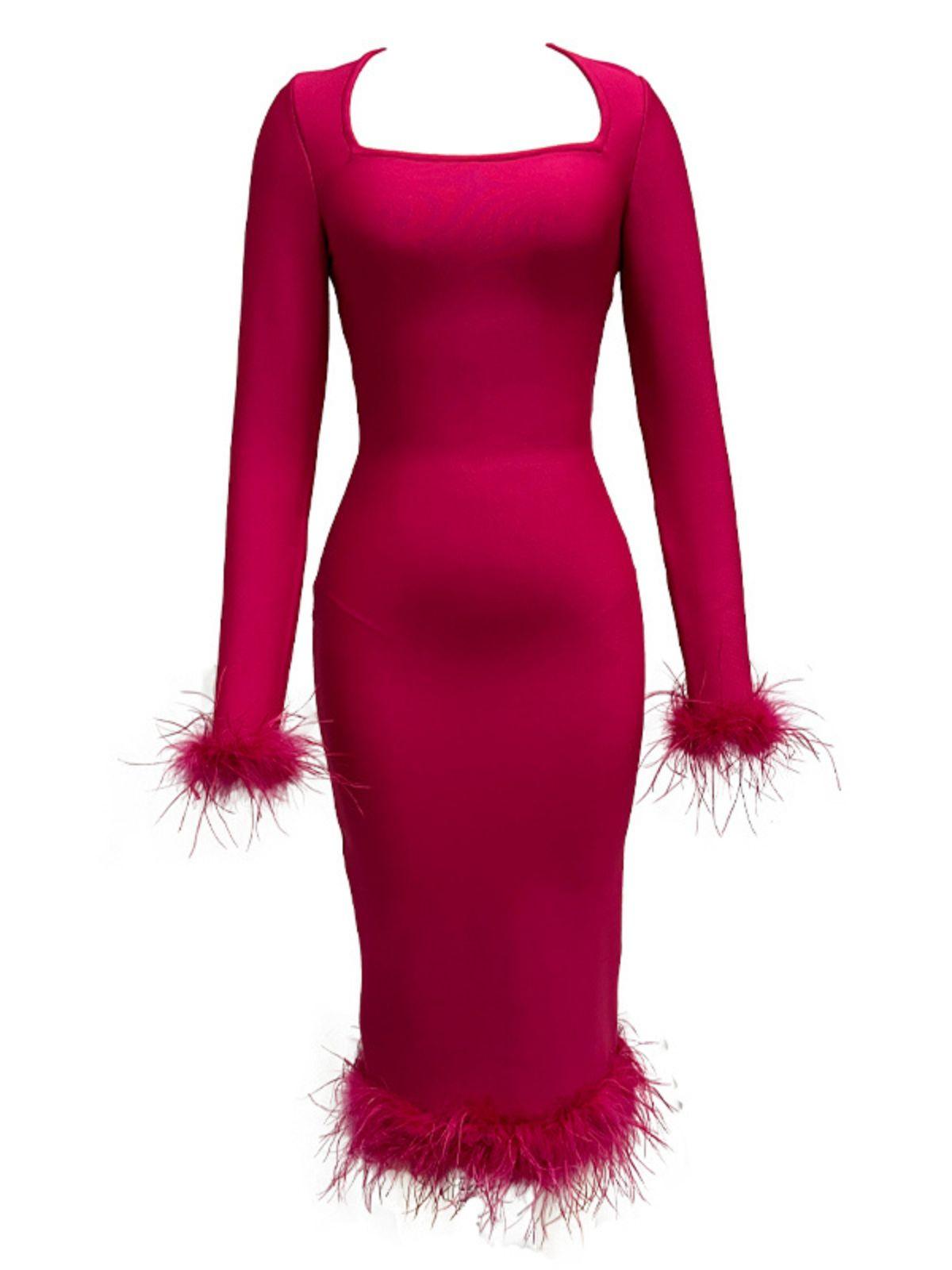 Madeline Long Sleeve Feather Bandage Dress In Hot Pink