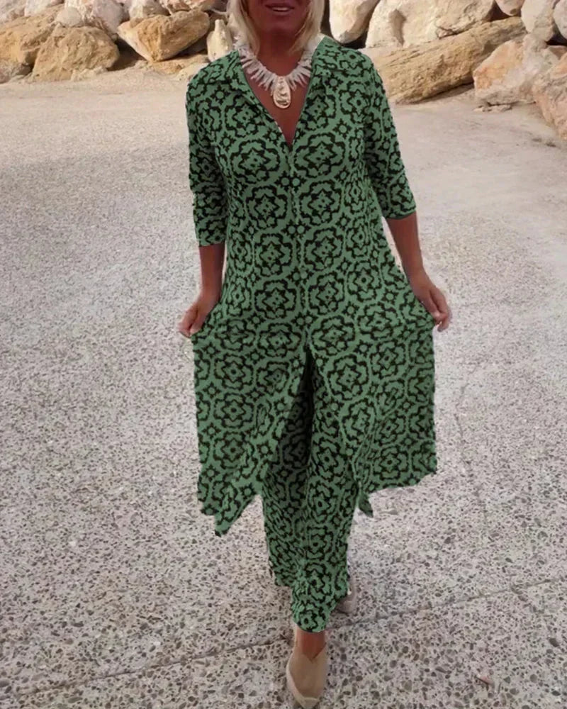Collared Button Front Tile Print Longline Top and Pants Two Piece Set 6