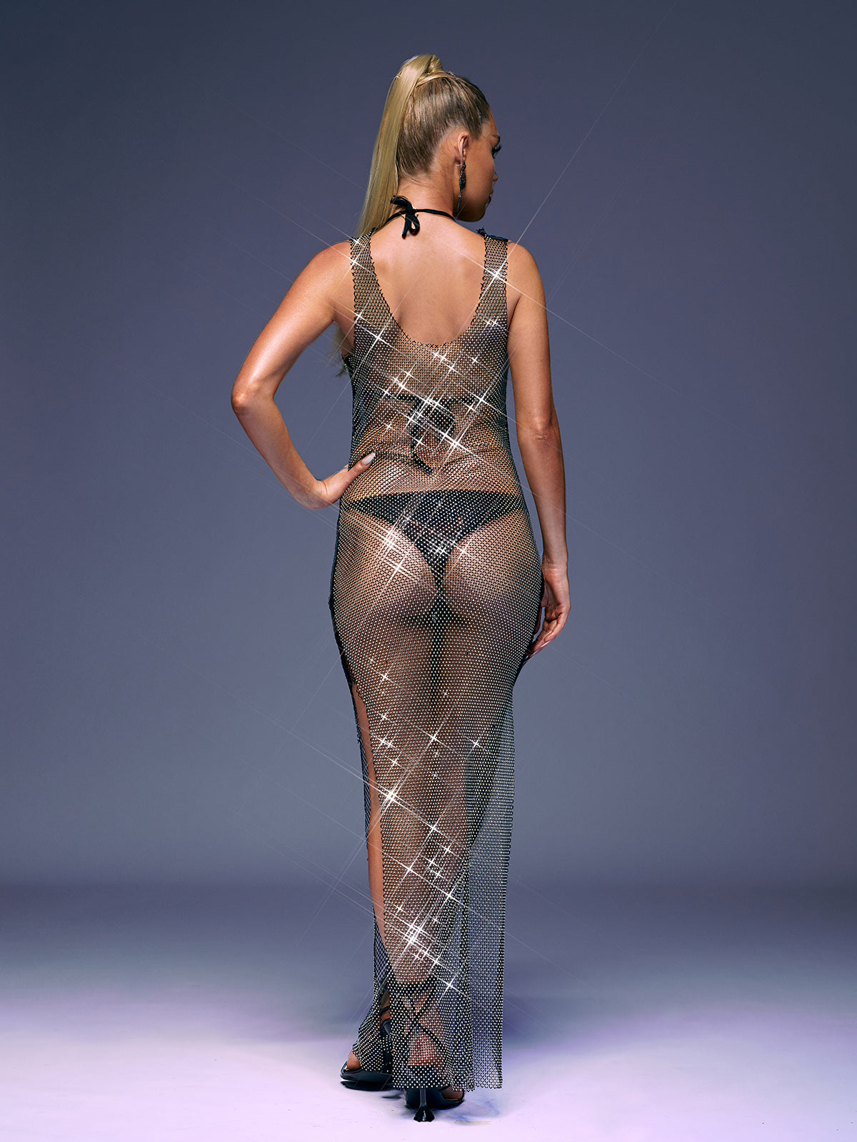 Magdalena Mesh Rhinestone Maxi Dress In Black