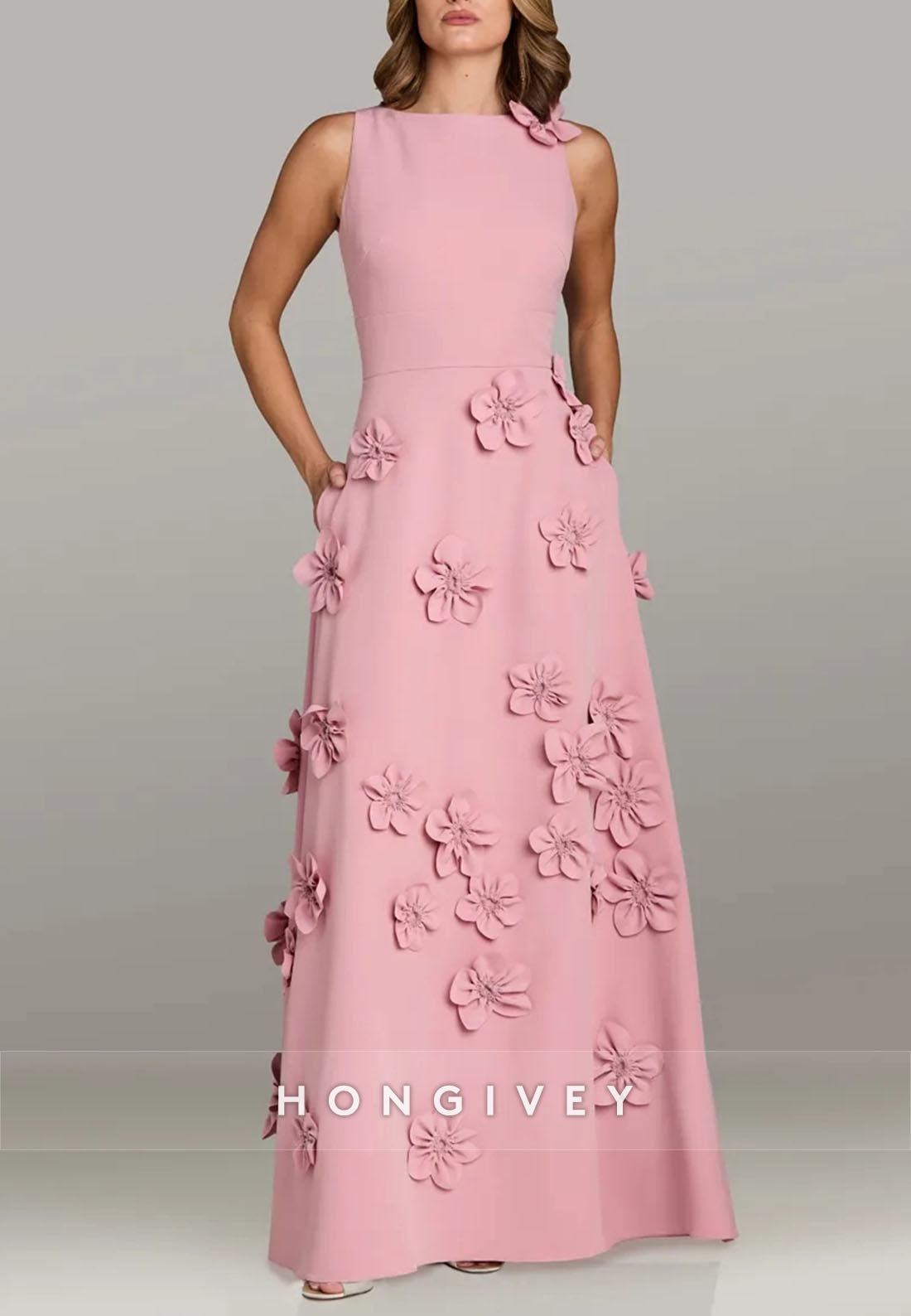 Halter Floor-Length A-line Evening Gown Pleated Flowers Mother of the Bride Dress
