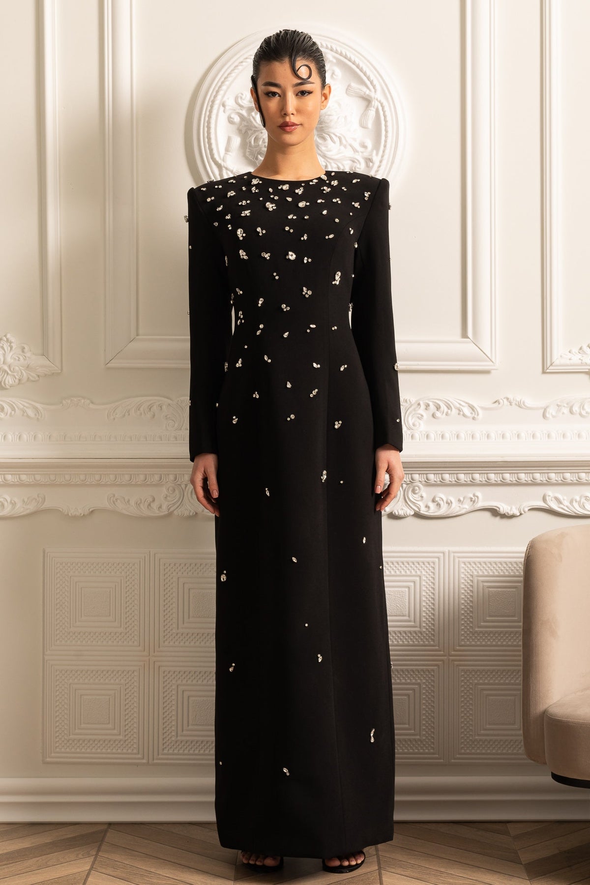 Crystal Embellished Padded Shoulder Long Sleeve Floor Length Gown - View 3
