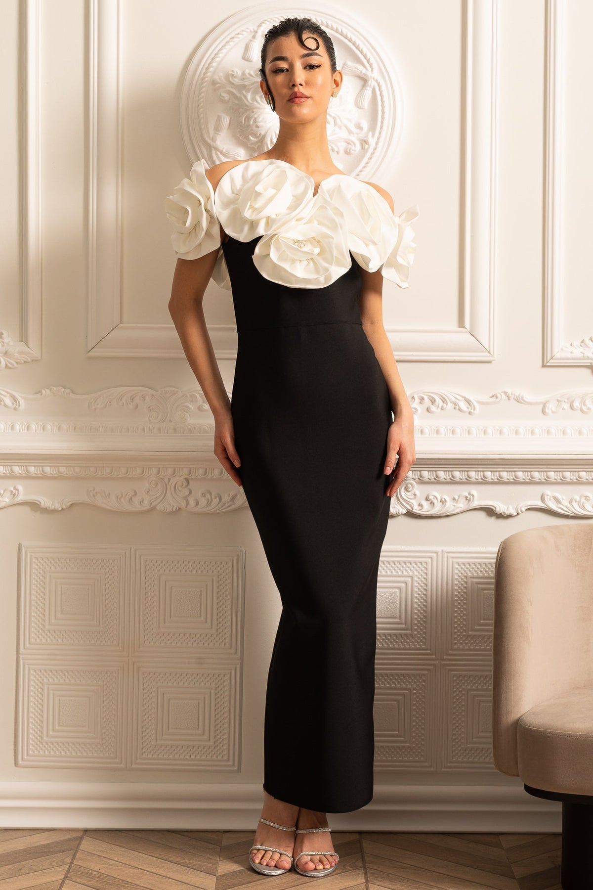 Off Shoulder Oversized Rosette Neckline Column Maxi Gown