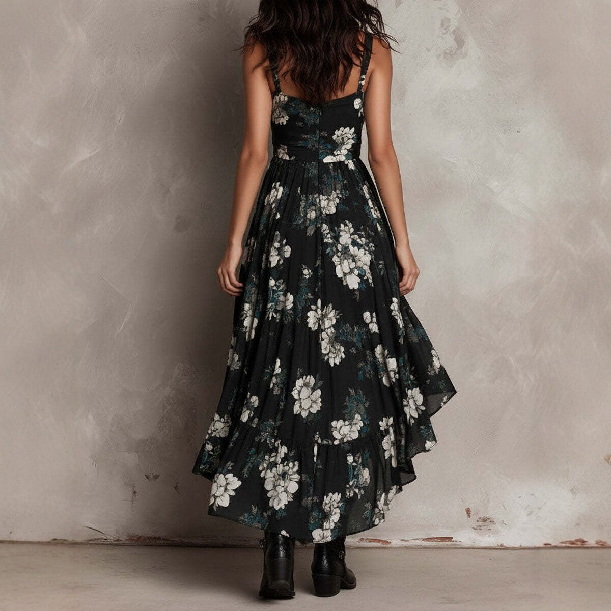 Floral Ruched Spaghetti Strap High Low Ruffle Midi Dress 3