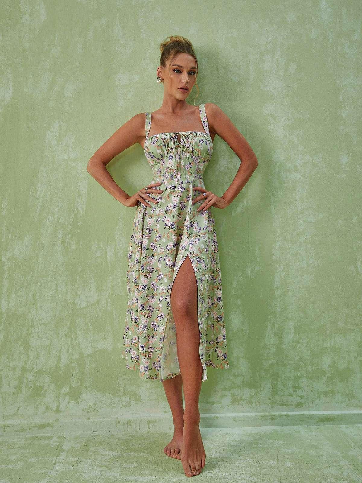Maire Floral Split Midi Dress In Green