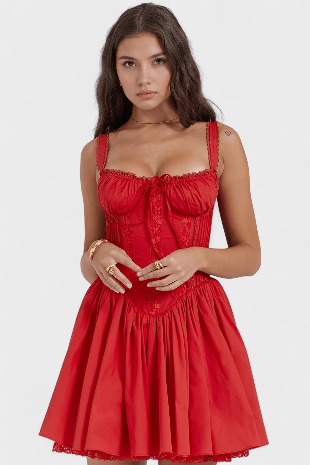 Square Neck Lace Trim Tie Front Corset Mini Dress