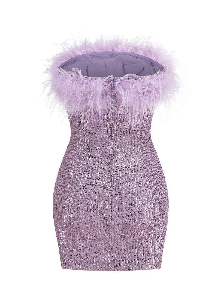 Marin Strapless Feather Sequin Mini Dress In Violet