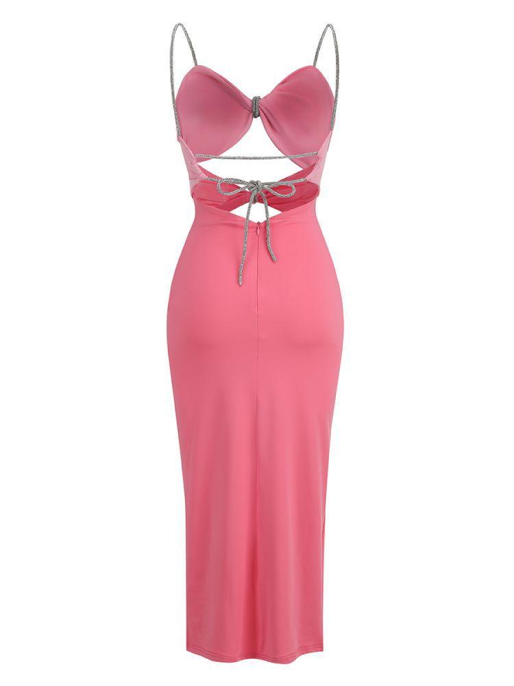 Spaghetti Strap Rhinestone Cutout Twist-Front Bodycon Midi Dress