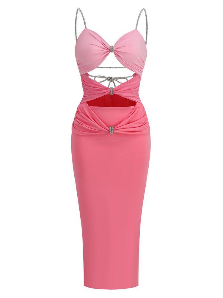 Spaghetti Strap Rhinestone Cutout Twist-Front Bodycon Midi Dress