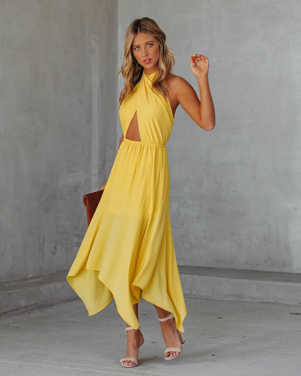 Criss-Cross Halter Neck Cutout Handkerchief Midi Dress