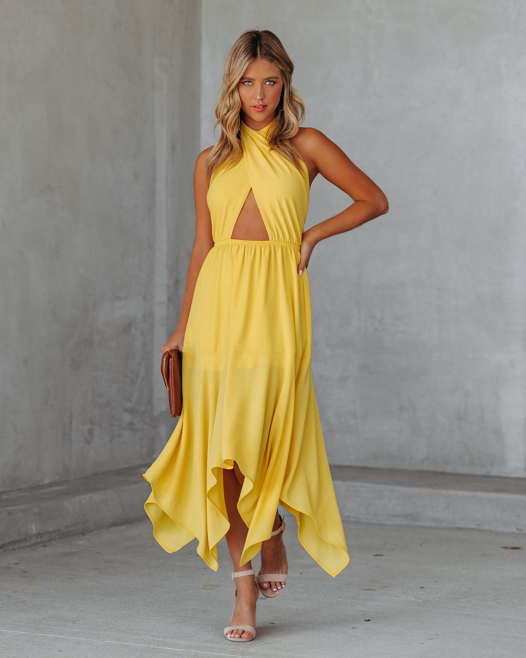 Criss-Cross Halter Neck Cutout Handkerchief Midi Dress
