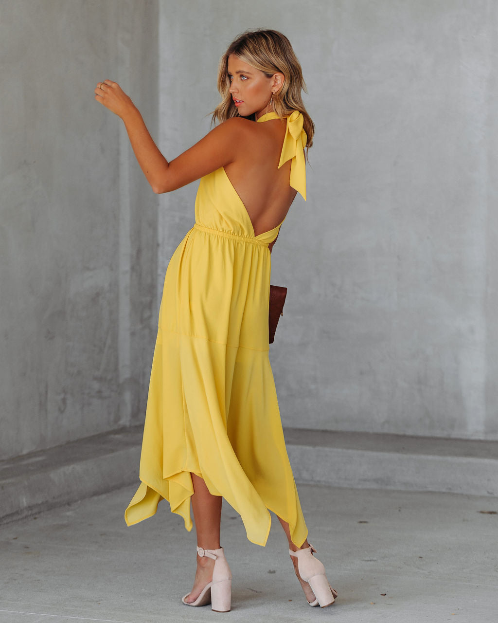Criss-Cross Halter Neck Cutout Handkerchief Midi Dress