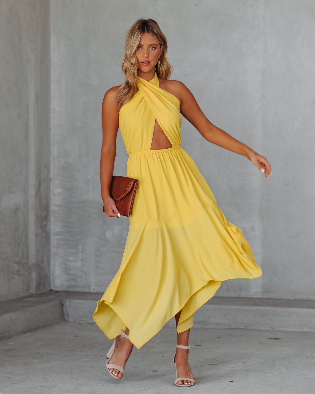 Criss-Cross Halter Neck Cutout Handkerchief Midi Dress