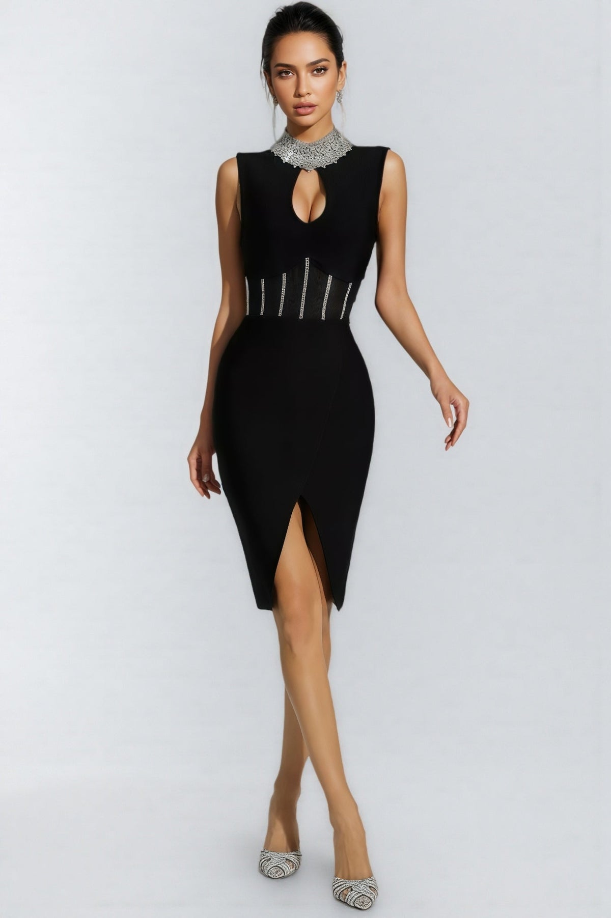 Rhinestone Collar Keyhole Cut Out Corset Mesh Panel Midi Dress