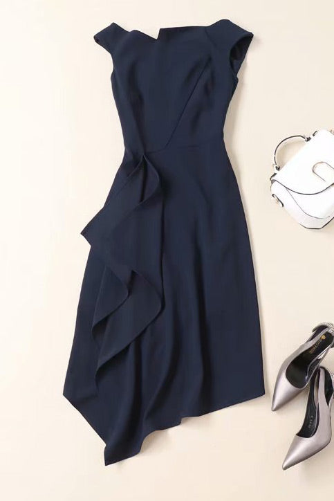Cap Sleeve Boat Neck Ruffle Asymmetric Midi Dress