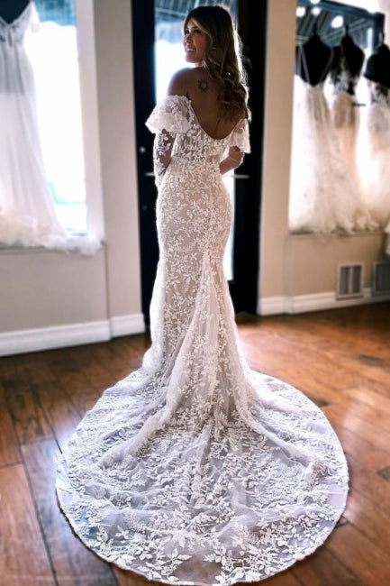 Mermaid Lace Long Sleeves Elegant Wedding Dress - Fashionpara