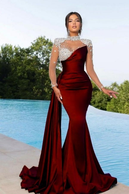 Charming Mermaid Silver Floor-Length Beaded Burgundy Prom Dress - Fashionpara