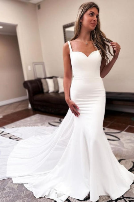 Sweetheart Long Mermaid Floor-Length Sleeveless Stain Wedding Dresses with Ruffles - Fashionpara