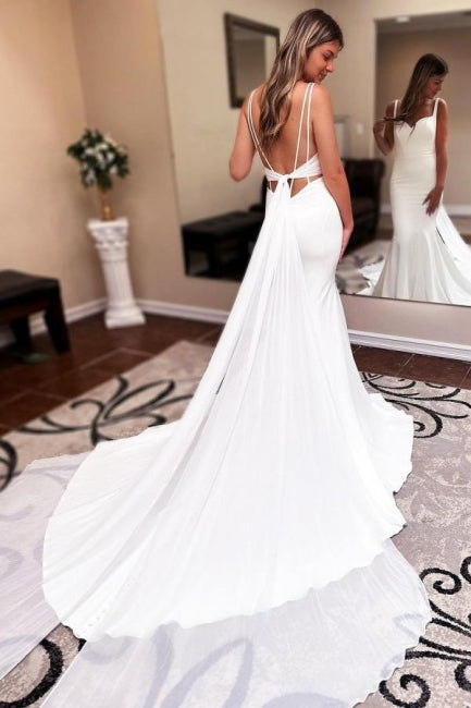 Sweetheart Long Mermaid Floor-Length Sleeveless Stain Wedding Dresses with Ruffles - Fashionpara