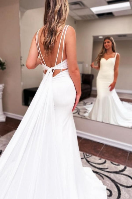 Sweetheart Long Mermaid Floor-Length Sleeveless Stain Wedding Dresses with Ruffles - Fashionpara