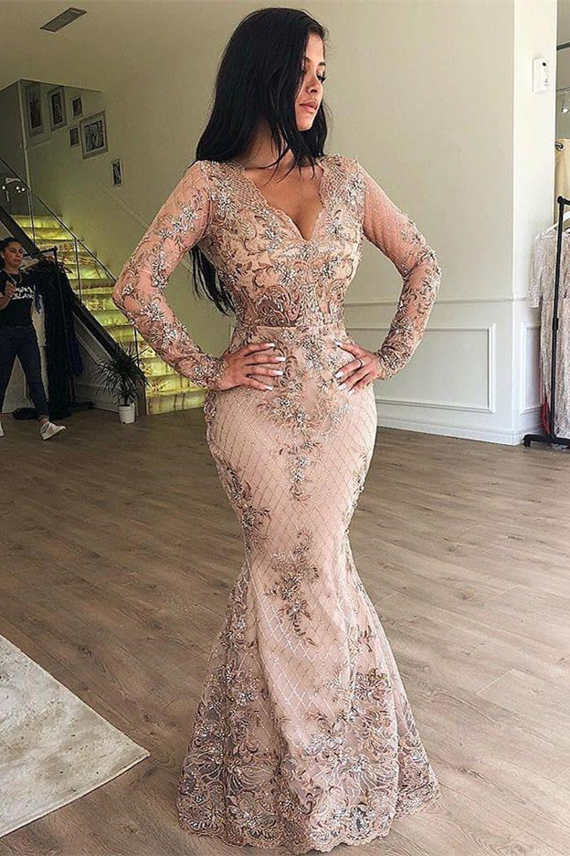 Mermaid V-neck Long Sleeves Appliqued Prom Evening Dresses with Detachable Skirt