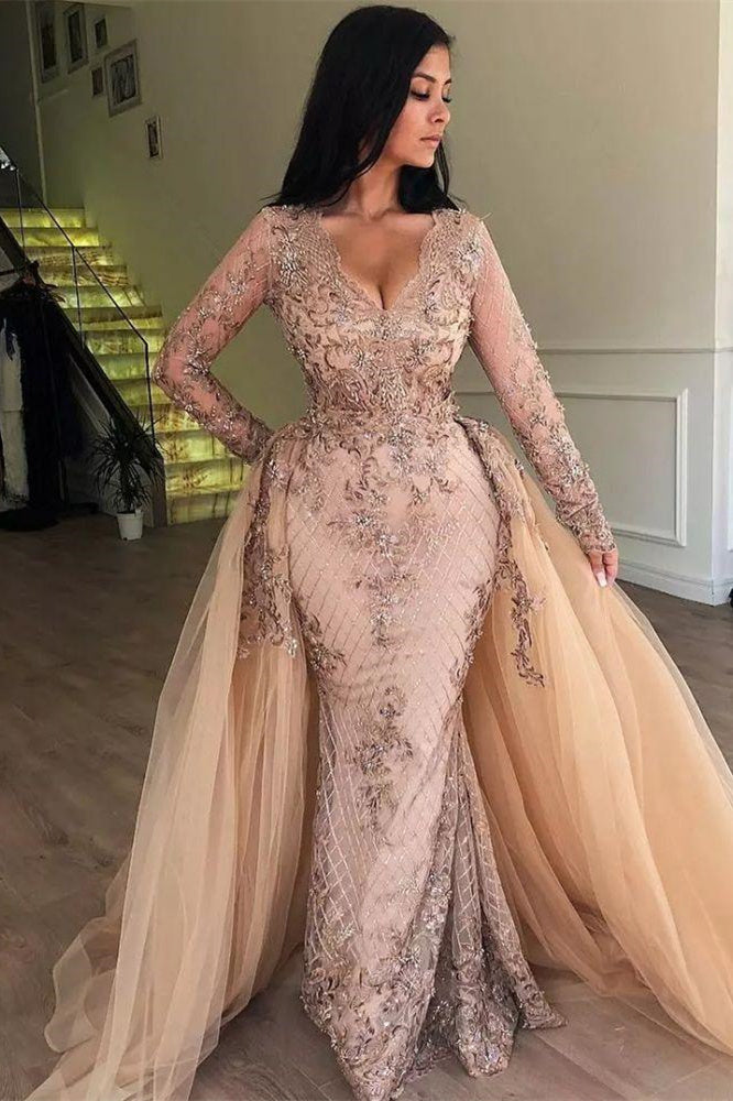 Mermaid V-neck Long Sleeves Appliqued Prom Evening Dresses with Detachable Skirt