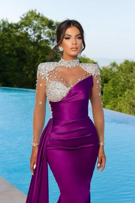 Beautiful Long Mermaid Floor-Length High Neck Ruffles Beading Stain Prom Dress with Long Sleeves - Fashionpara