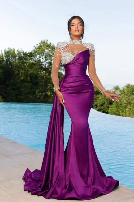 Beautiful Long Mermaid Floor-Length High Neck Ruffles Beading Stain Prom Dress with Long Sleeves - Fashionpara