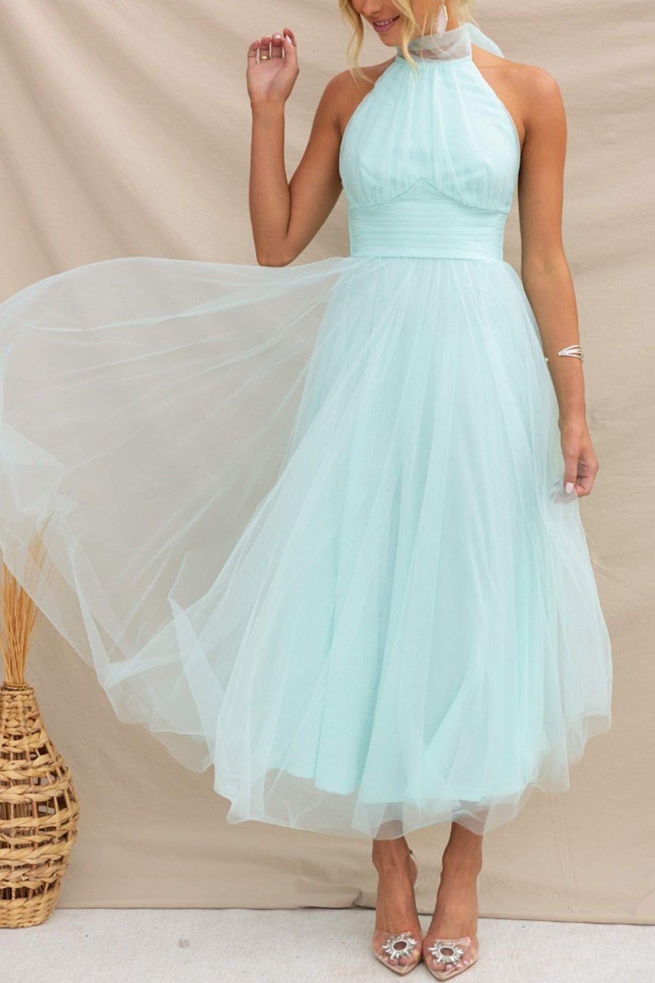 Mesh Halter Neck High Waist Maxi Dress