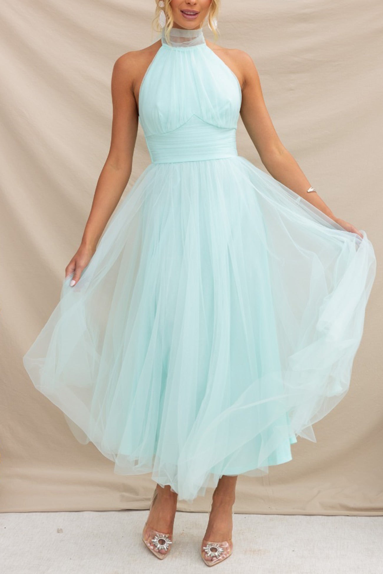 Mesh Halter Neck High Waist Maxi Dress