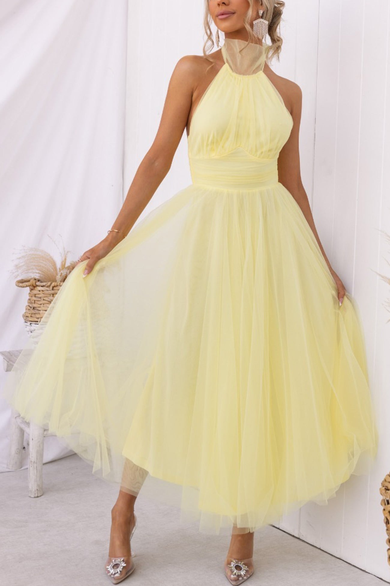 Mesh Halter Neck High Waist Maxi Dress