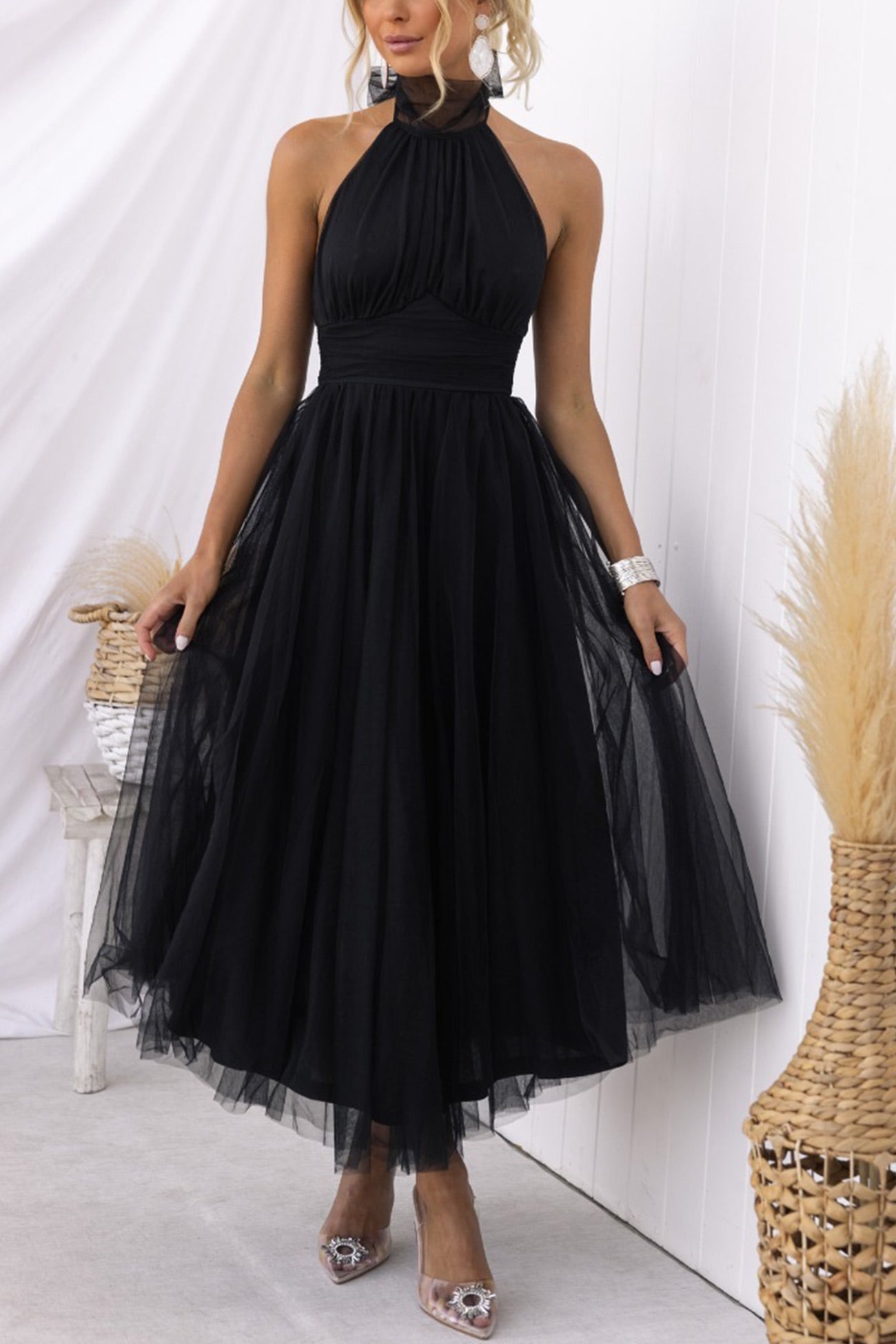 Mesh Halter Neck High Waist Maxi Dress