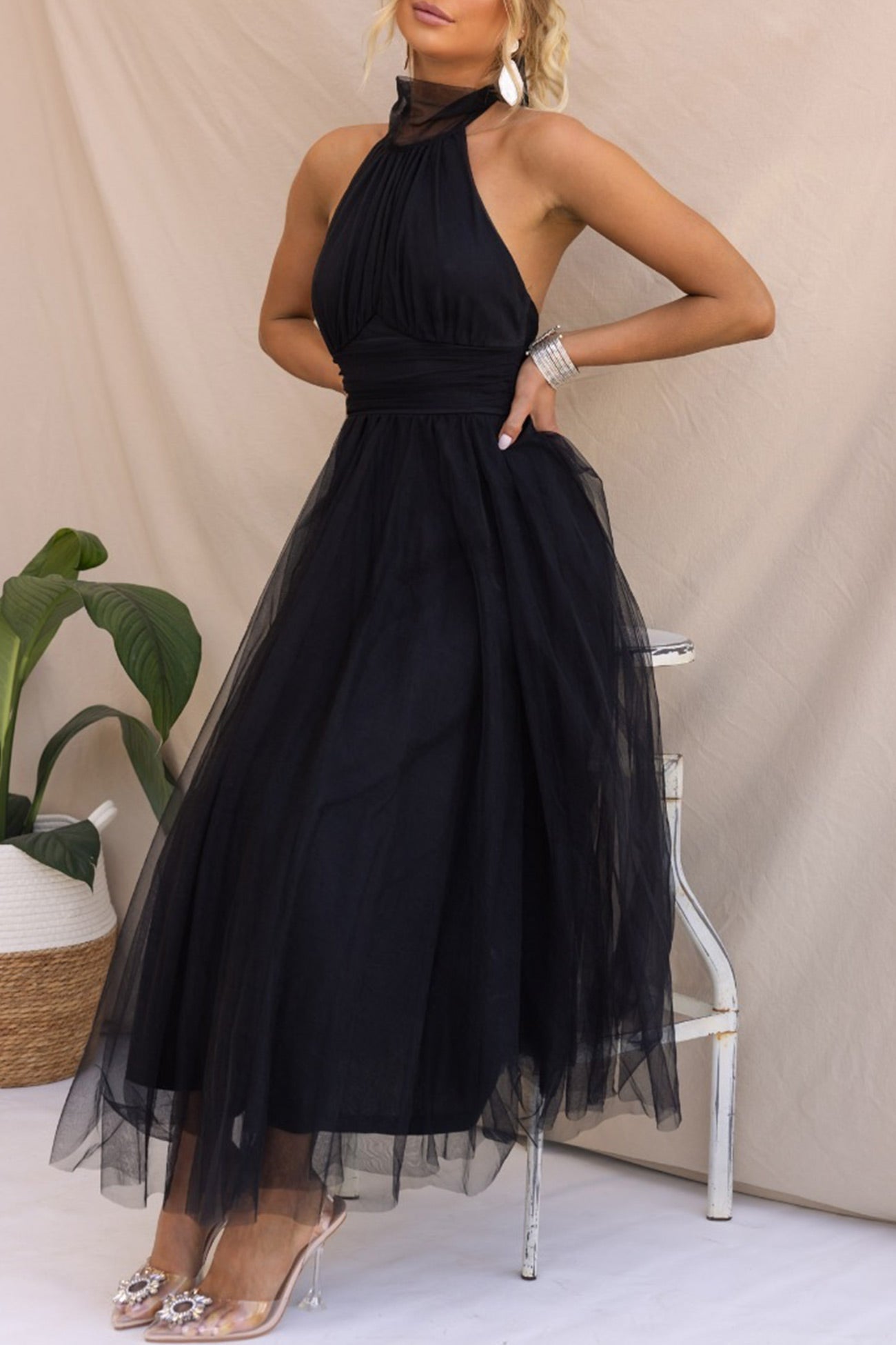 Mesh Halter Neck High Waist Maxi Dress