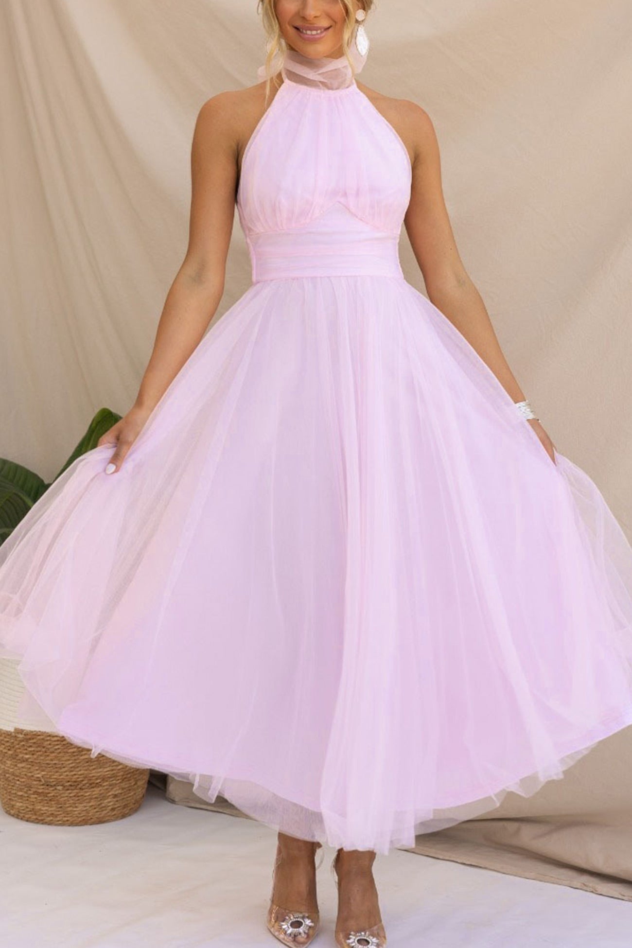 Mesh Halter Neck High Waist Maxi Dress