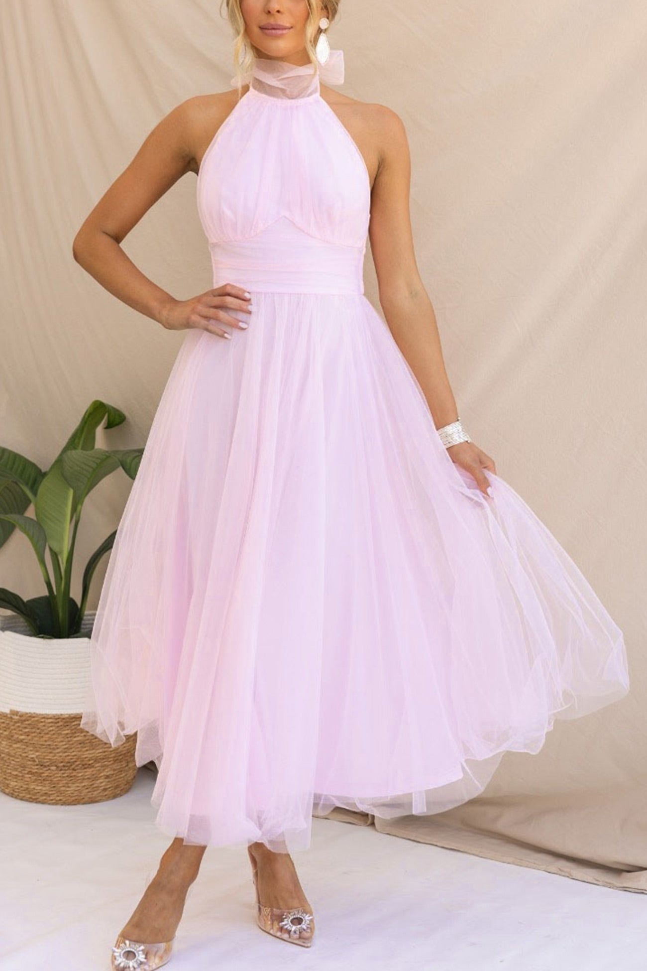 Mesh Halter Neck High Waist Maxi Dress