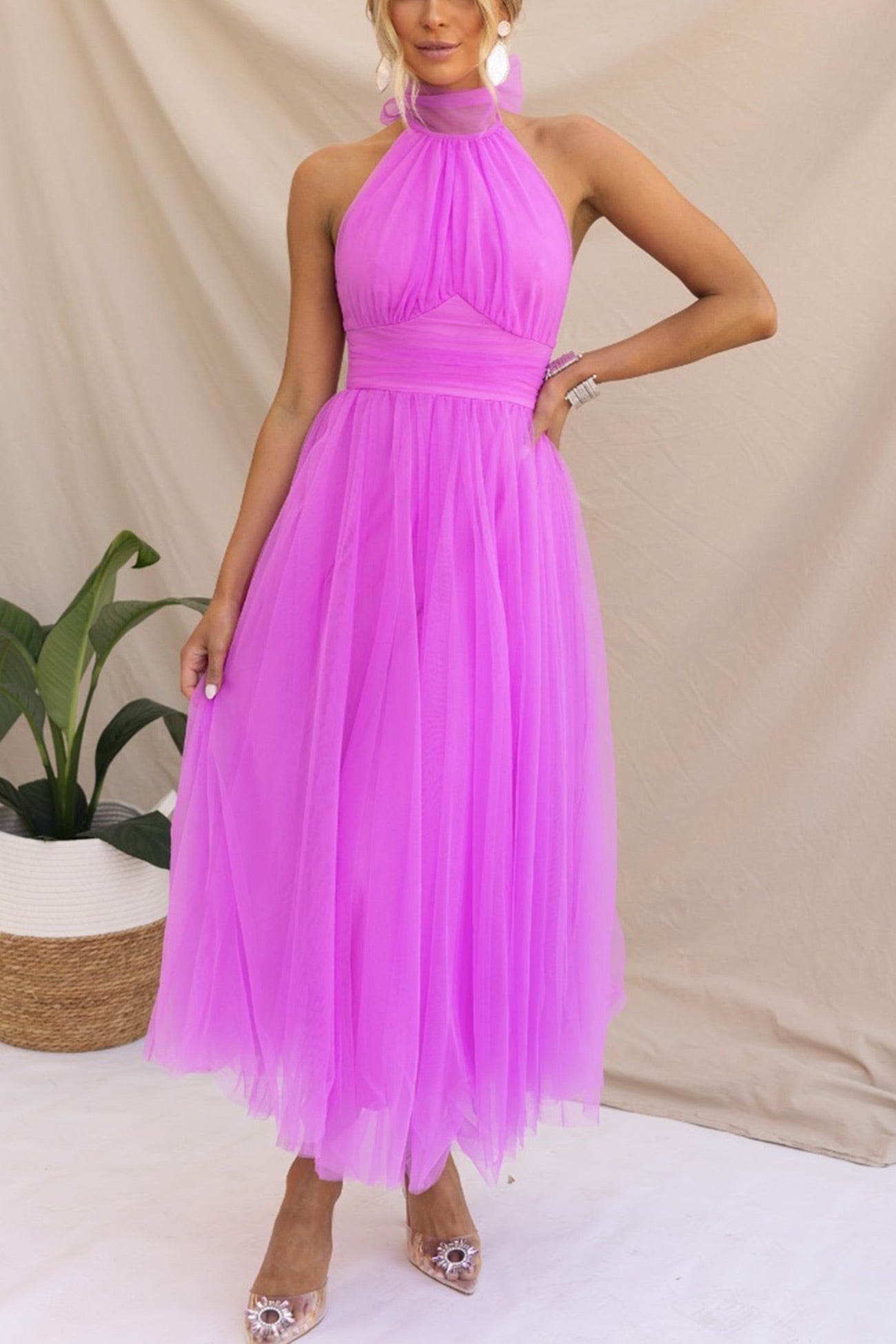 Mesh Halter Neck High Waist Maxi Dress