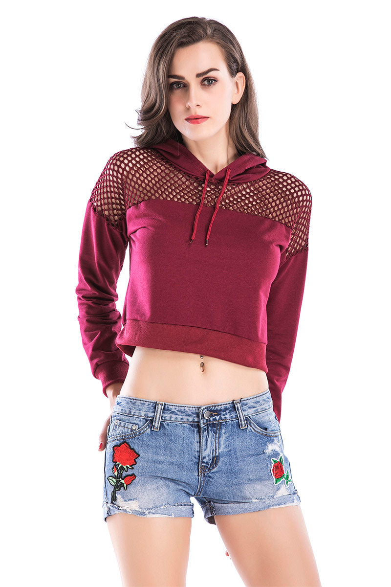 Mesh Patched Cutout Crop Sweatshirt - Mislish