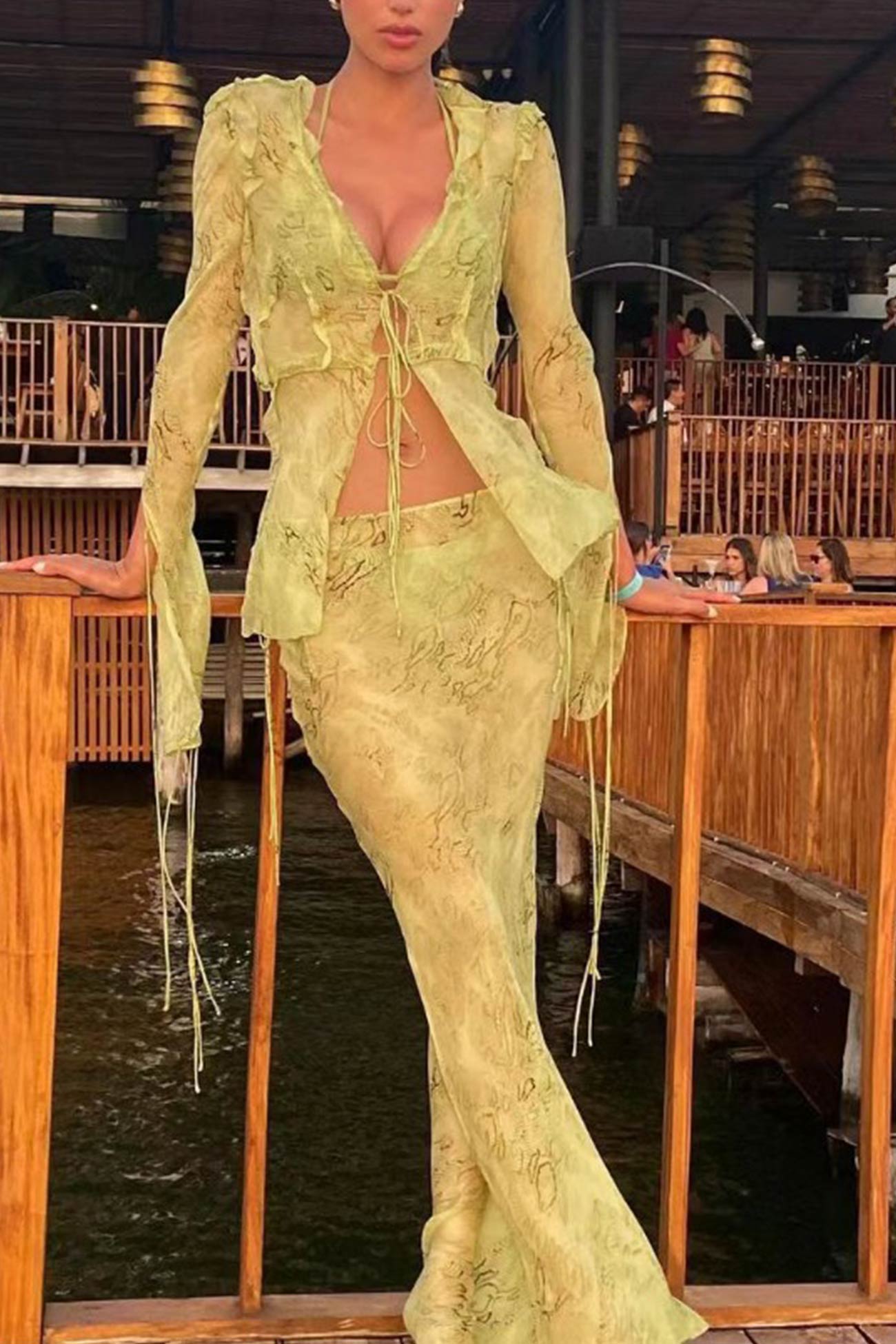 Stylish Mesh Printed Strappy Cardigan Skirt Set by AROLORA