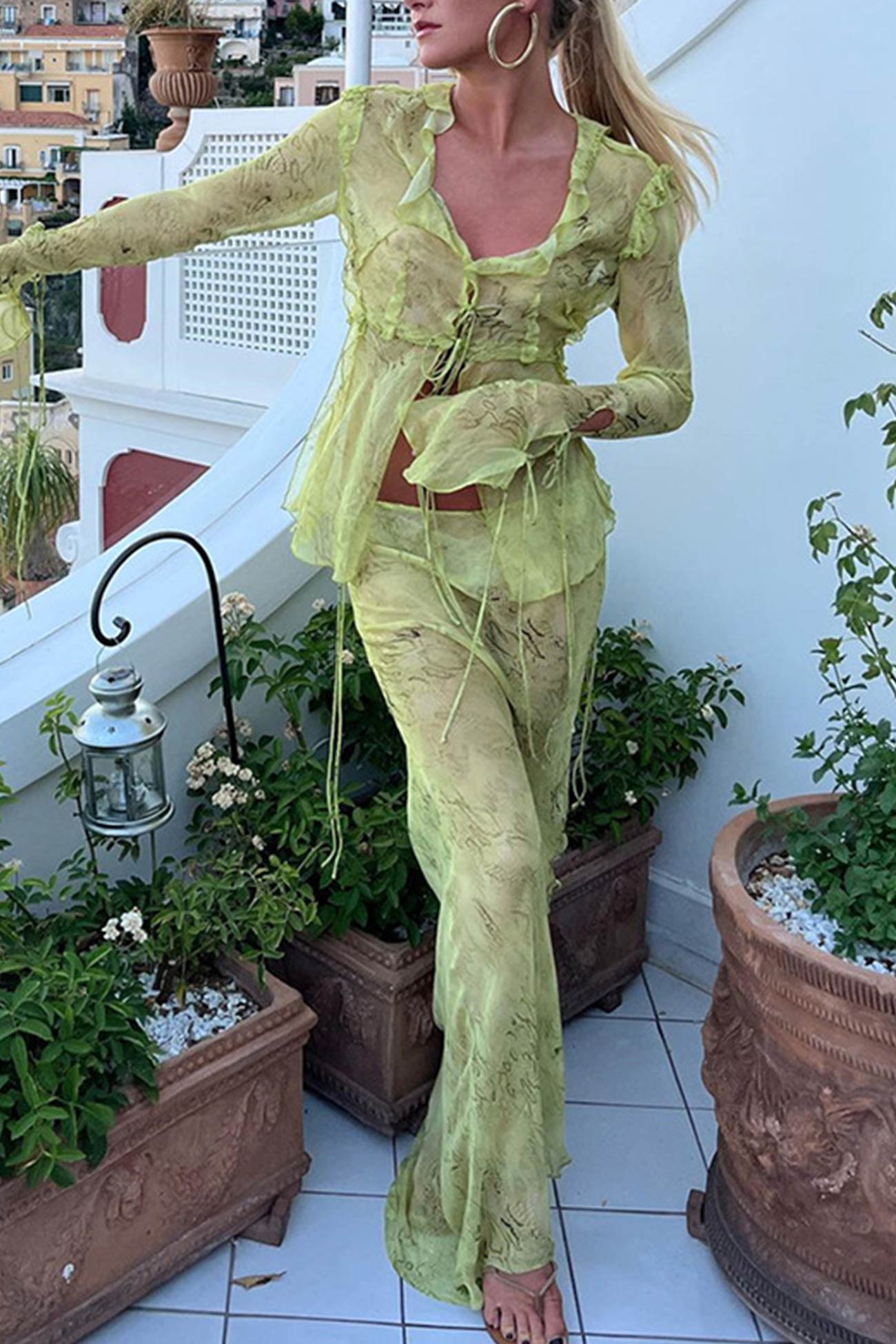 Stylish Mesh Printed Strappy Cardigan Skirt Set by AROLORA