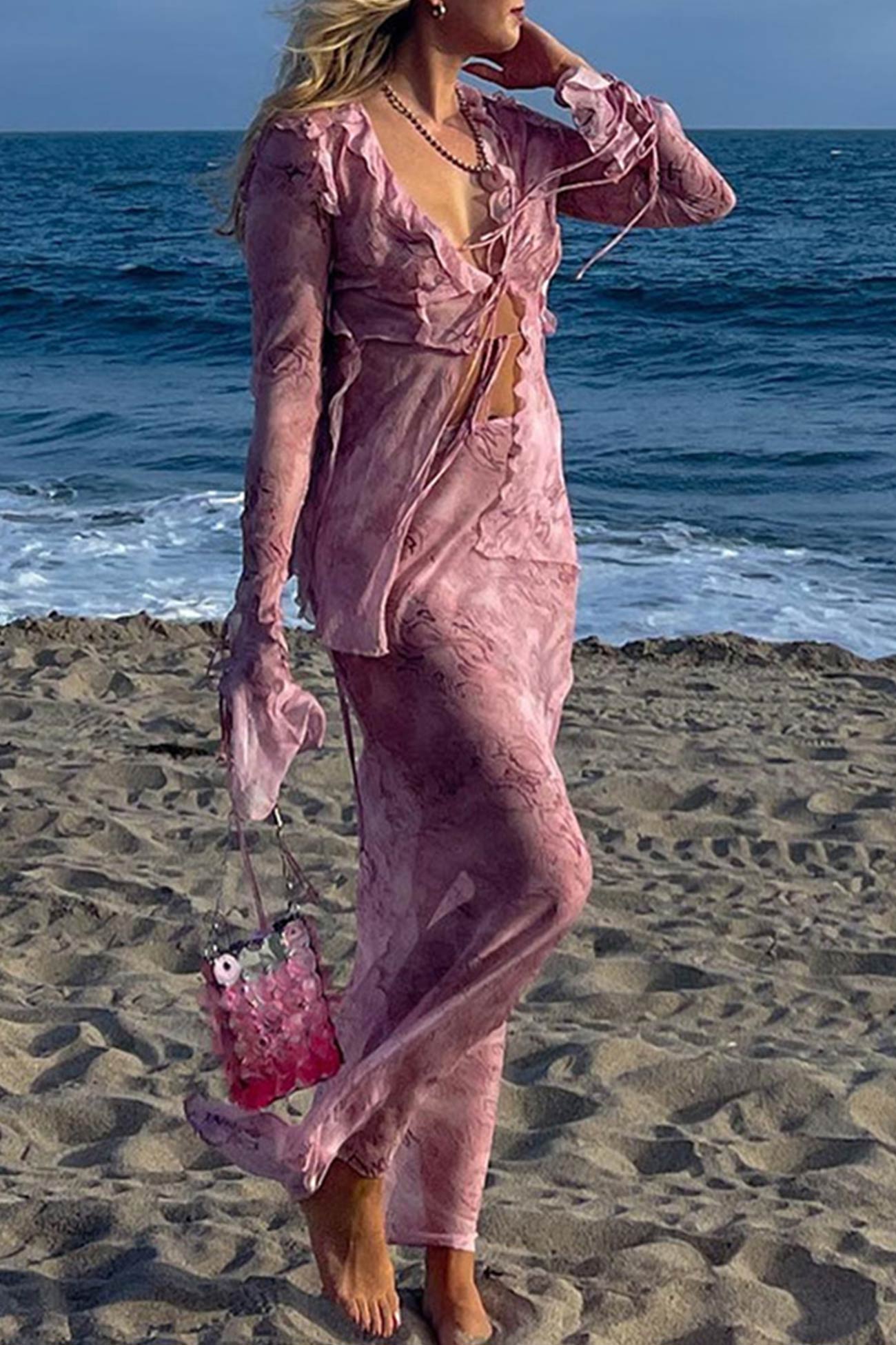 Stylish Mesh Printed Strappy Cardigan Skirt Set by AROLORA