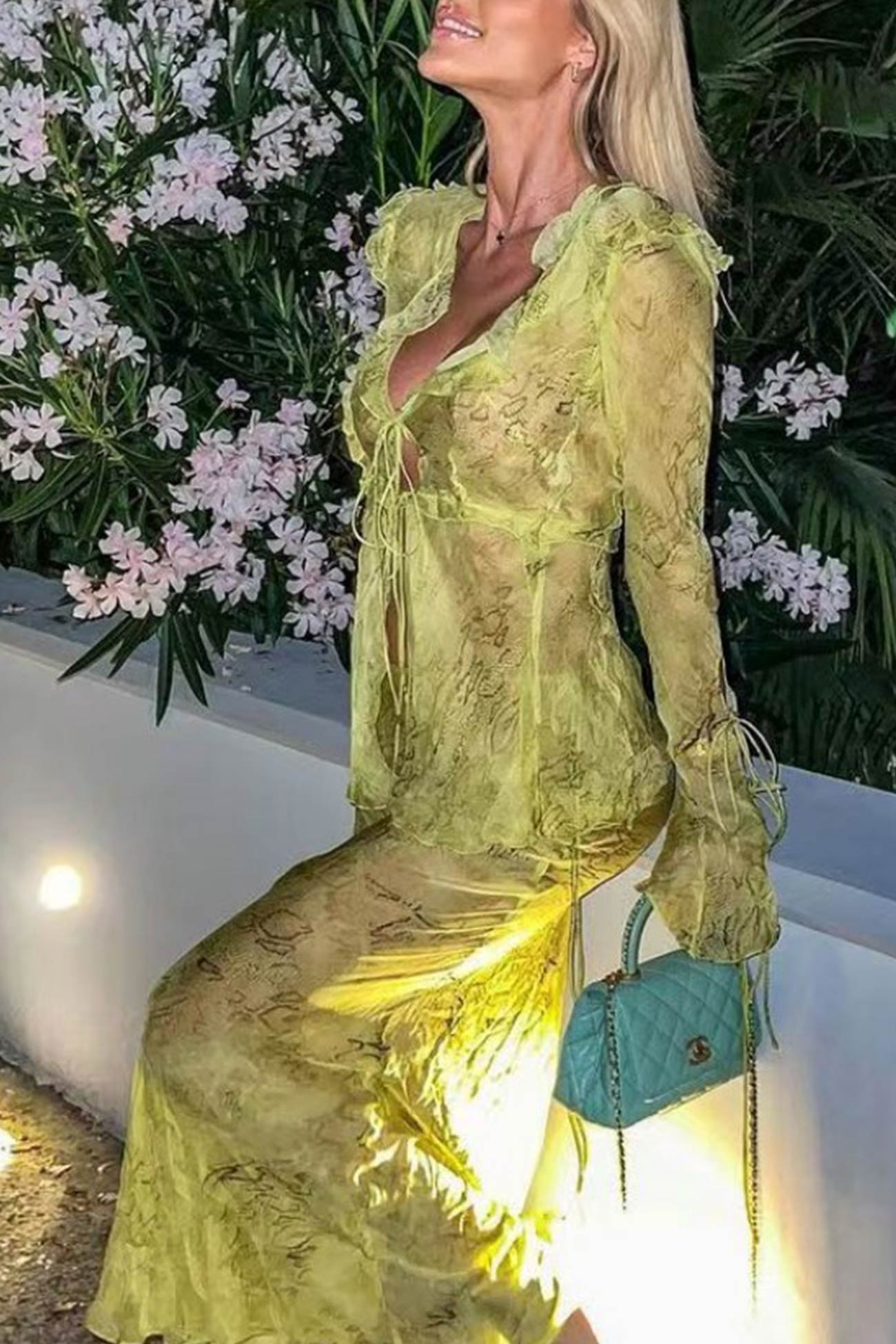 Stylish Mesh Printed Strappy Cardigan Skirt Set by AROLORA