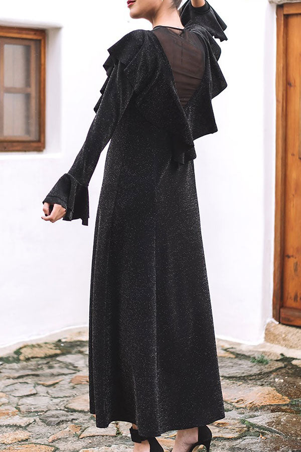 Black Mesh Panel Ruffled Sequin Dress