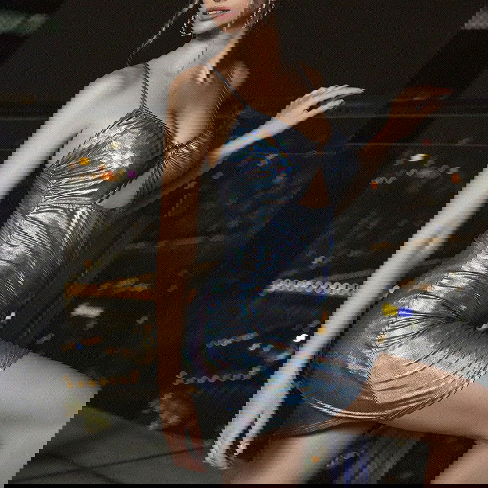 Metallic Coated Fabric Shiny Night Club Slip Hip Dress - Fashionpara