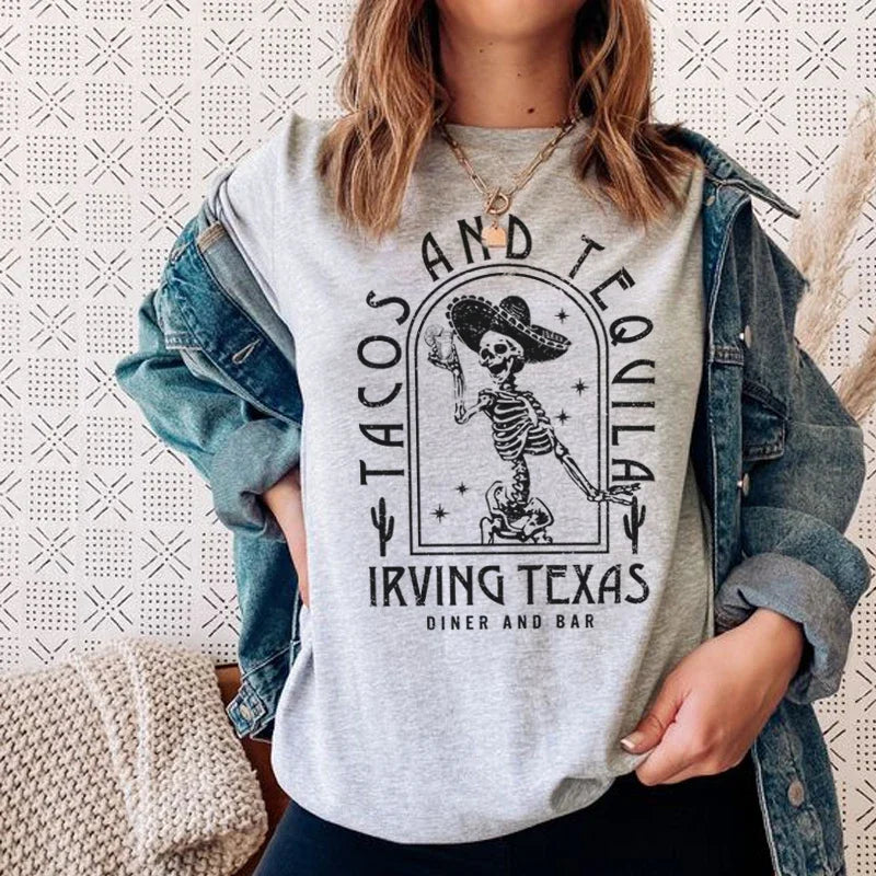Mexican Skeleton Tacos Boho T-shirt - Fashionpara